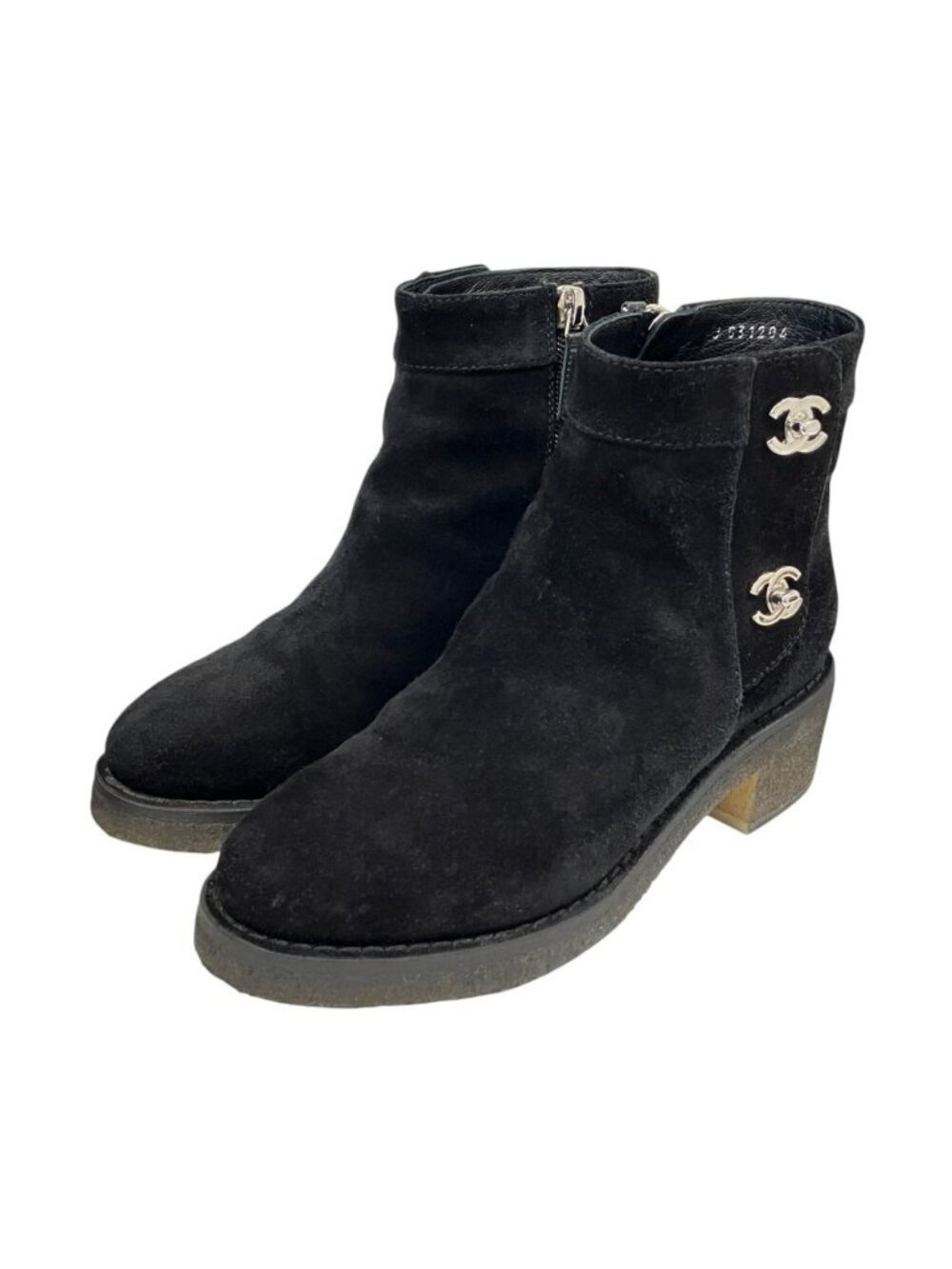 Chanel CC Logo Turnlock Suede Side Zip Short Boots Black